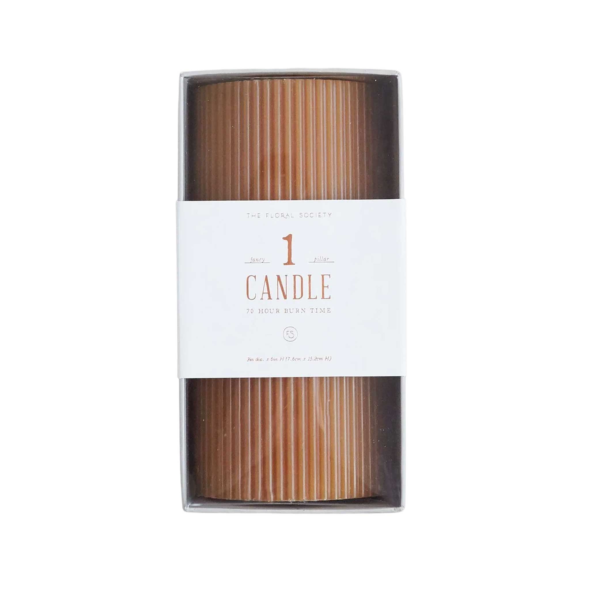3" x 6" tall, Golden honey ribbed pillar candle with modern textured design, 70-hour burn time, perfect for cozy ambiance or décor.
