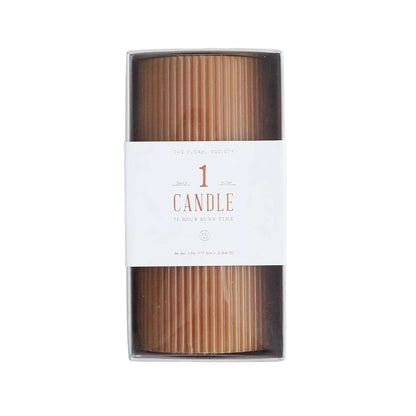 3" x 6" tall, Golden honey ribbed pillar candle with modern textured design, 70-hour burn time, perfect for cozy ambiance or décor.