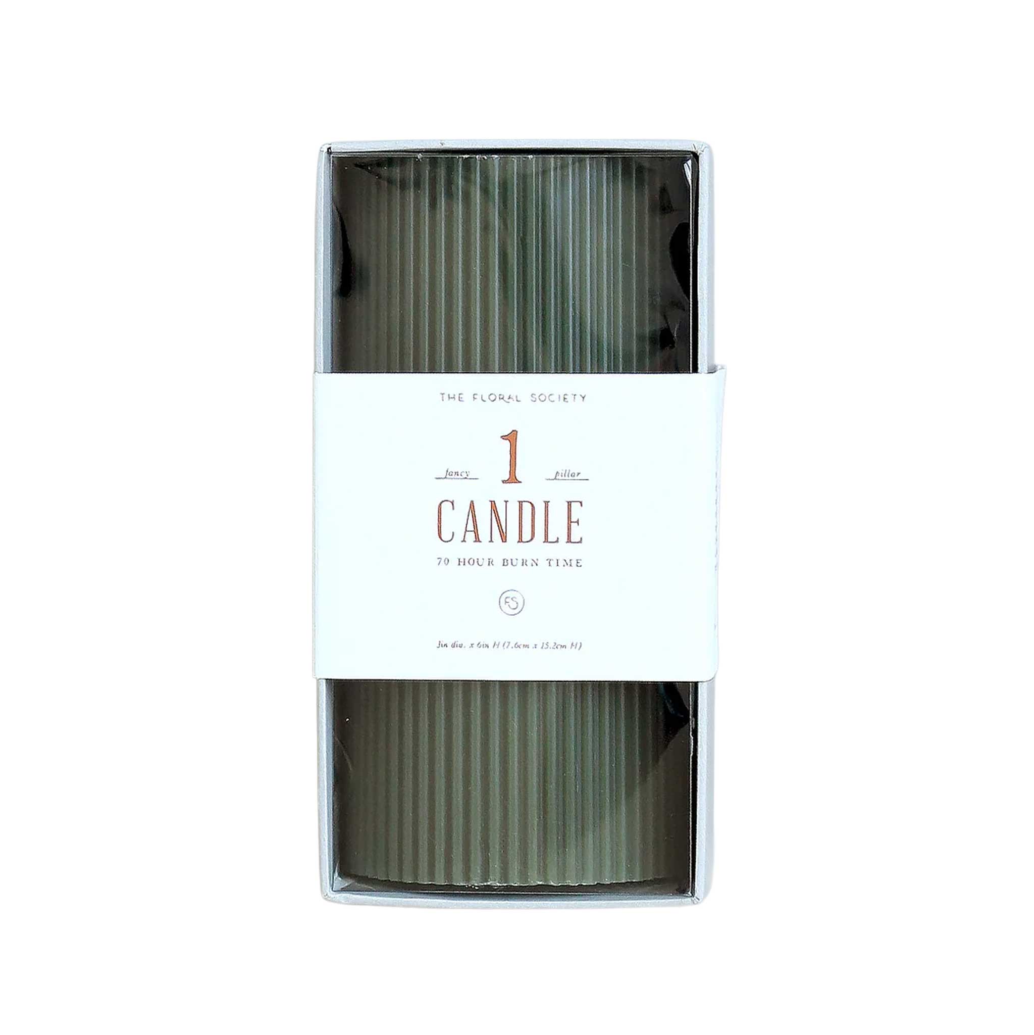 3" x 6" tall, Green moss ribbed pillar candle with modern textured design, 70-hour burn time, perfect for cozy ambiance or décor.