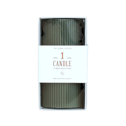 3" x 6" tall, Green moss ribbed pillar candle with modern textured design, 70-hour burn time, perfect for cozy ambiance or décor.