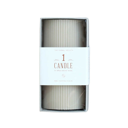 3" x 6" tall, Partchment ribbed pillar candle with modern textured design, 70-hour burn time, perfect for cozy ambiance or décor.
