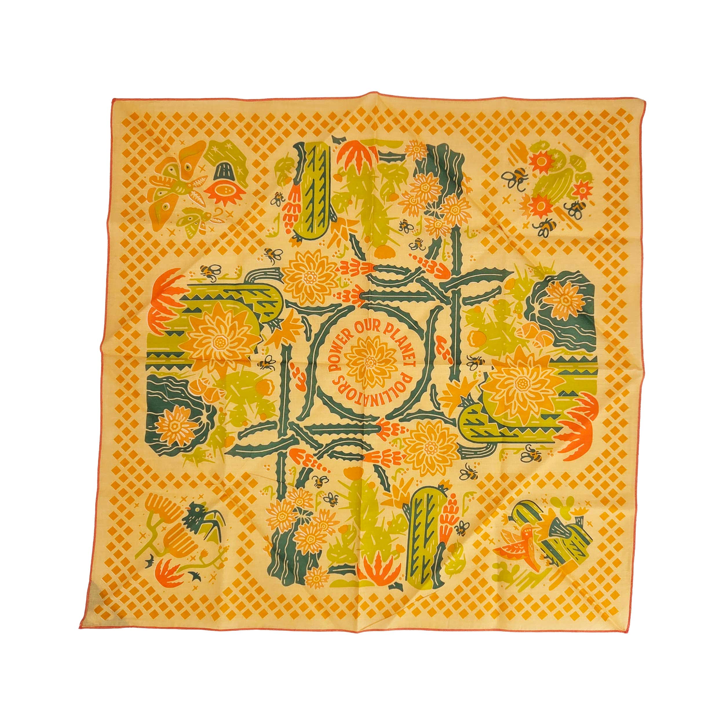 Multi-color square bandana with a kaleidescope pattern of animals, insects, and plants that work together in the desert. 