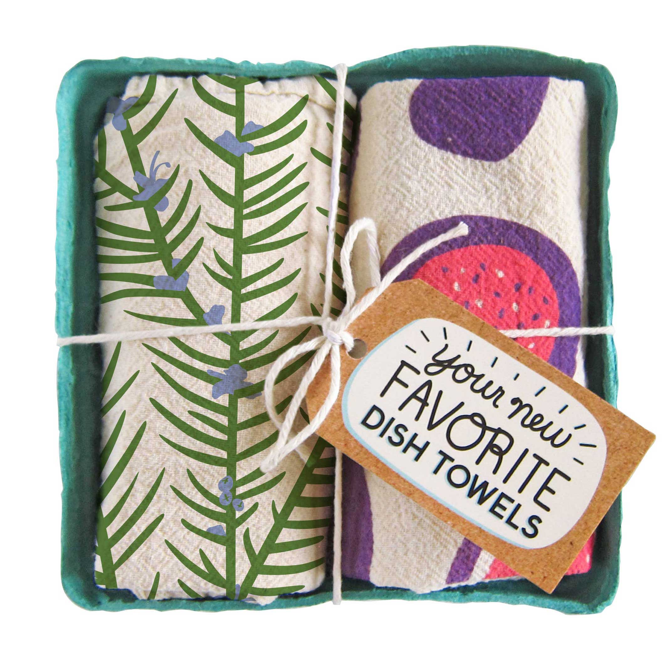 Pair of cotton tea towels with rosemary sprigs and a delicious fig print, eco-friendly, packed in a produce-style container, fun kitchen decor or gift set.