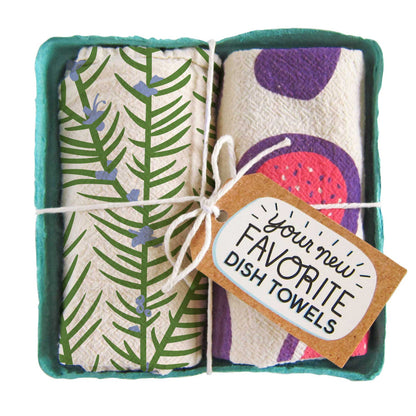 Pair of cotton tea towels with rosemary sprigs and a delicious fig print, eco-friendly, packed in a produce-style container, fun kitchen decor or gift set.