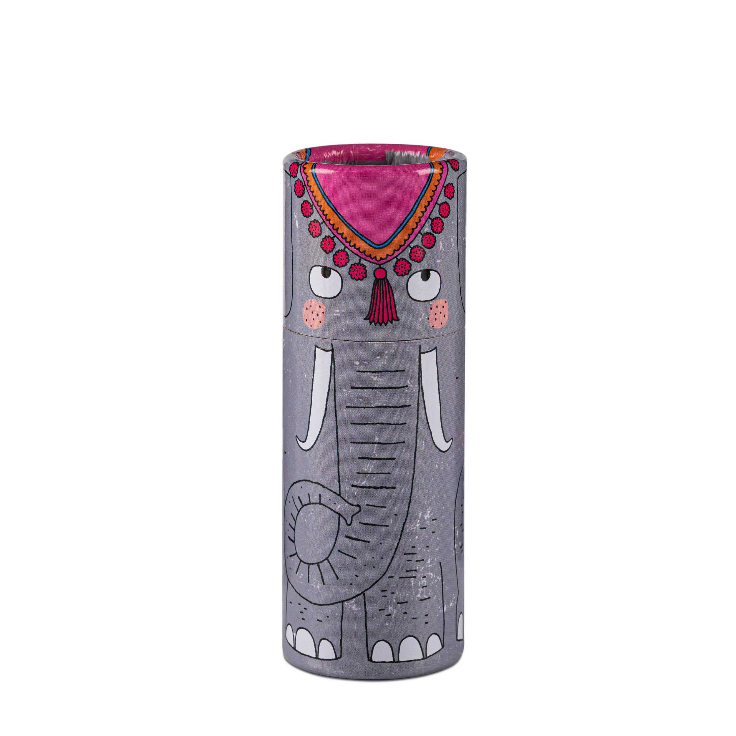Reusable tube matchbox with hand-illustrated elephant design, perfect for keeping matches organized and protected.