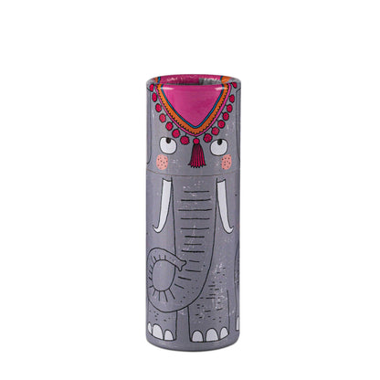 Reusable tube matchbox with hand-illustrated elephant design, perfect for keeping matches organized and protected.