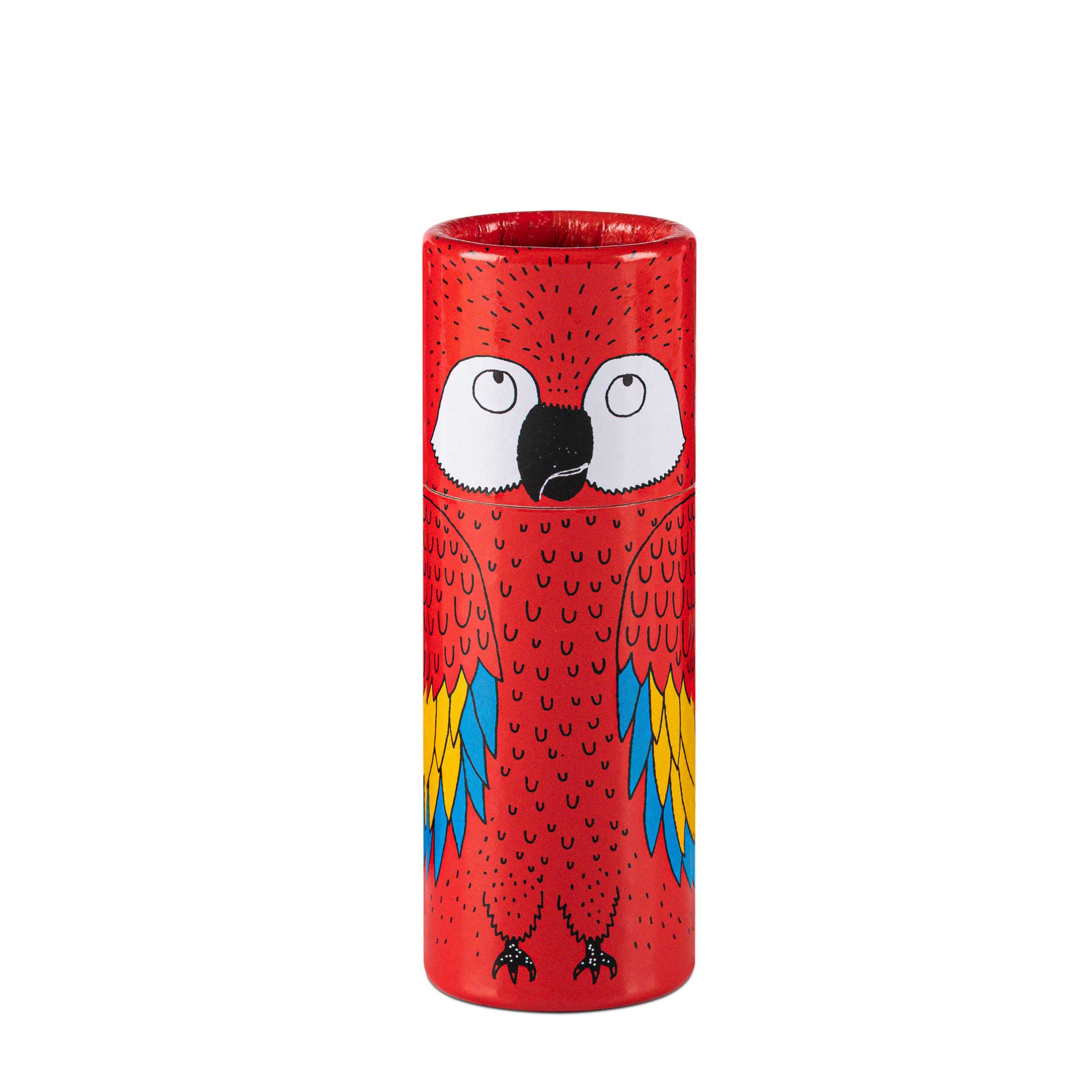 Reusable tube matchbox with hand-illustrated parrot design, perfect for keeping matches organized and protected.