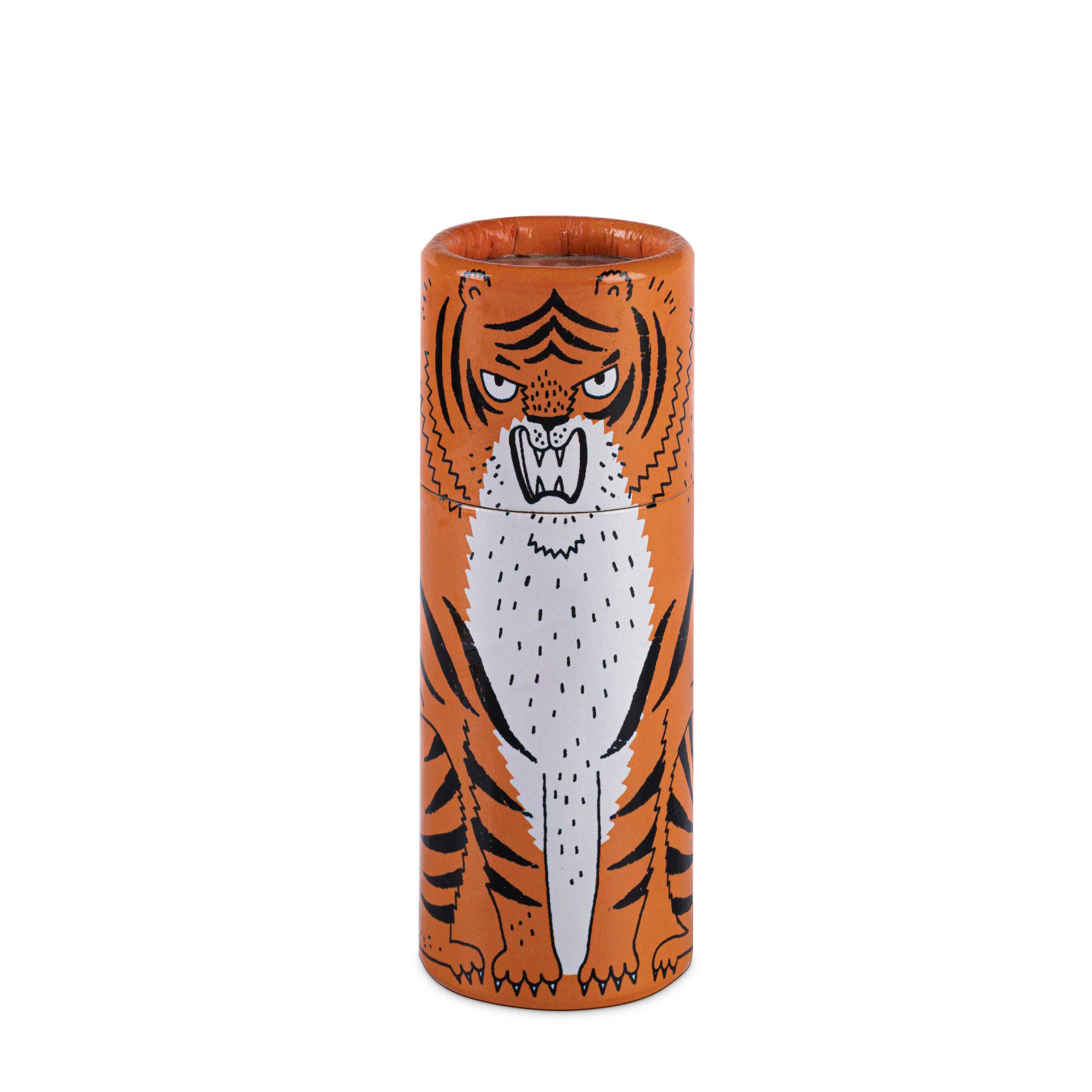 Reusable tube matchbox with hand-illustrated tiger design, perfect for keeping matches organized and protected.