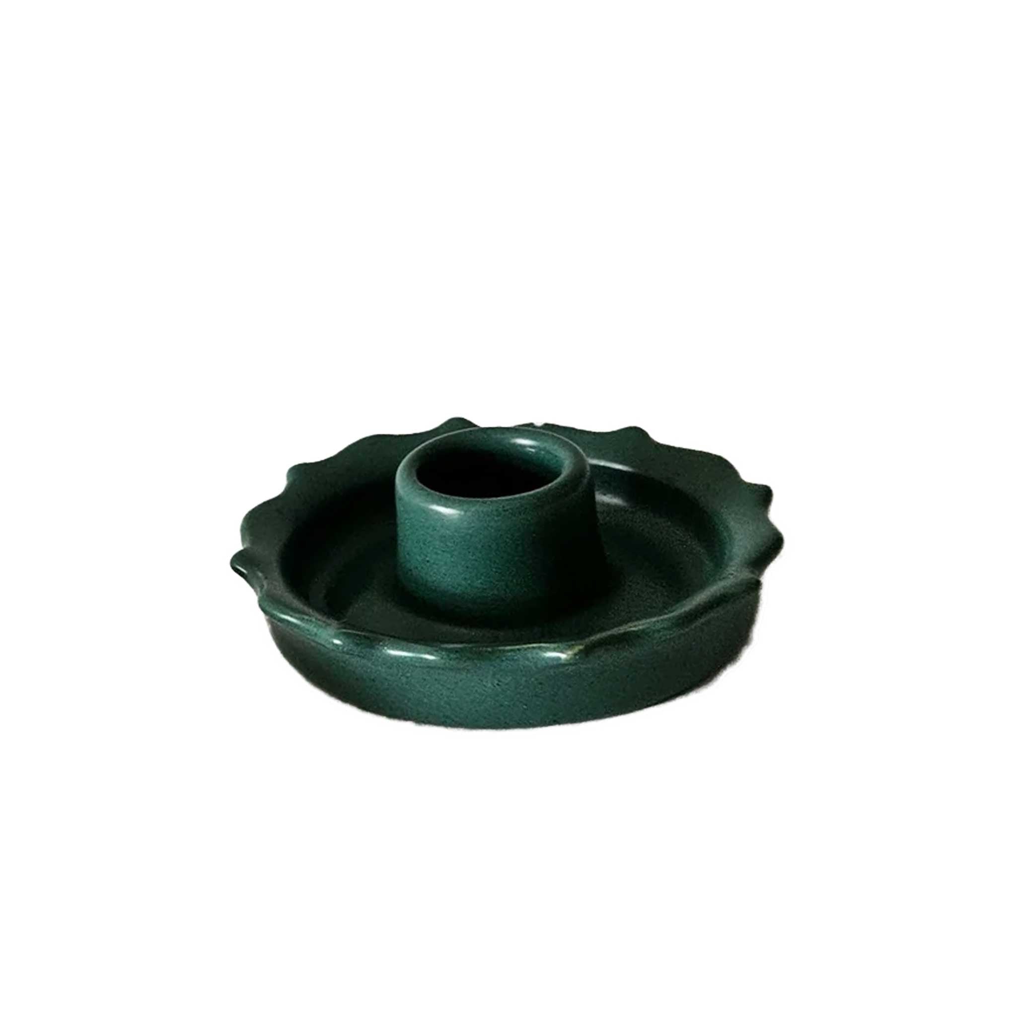Handmade ceramic taper candle holder with glossy emerald green glaze, scalloped rim, fits standard 7/8” taper candles.