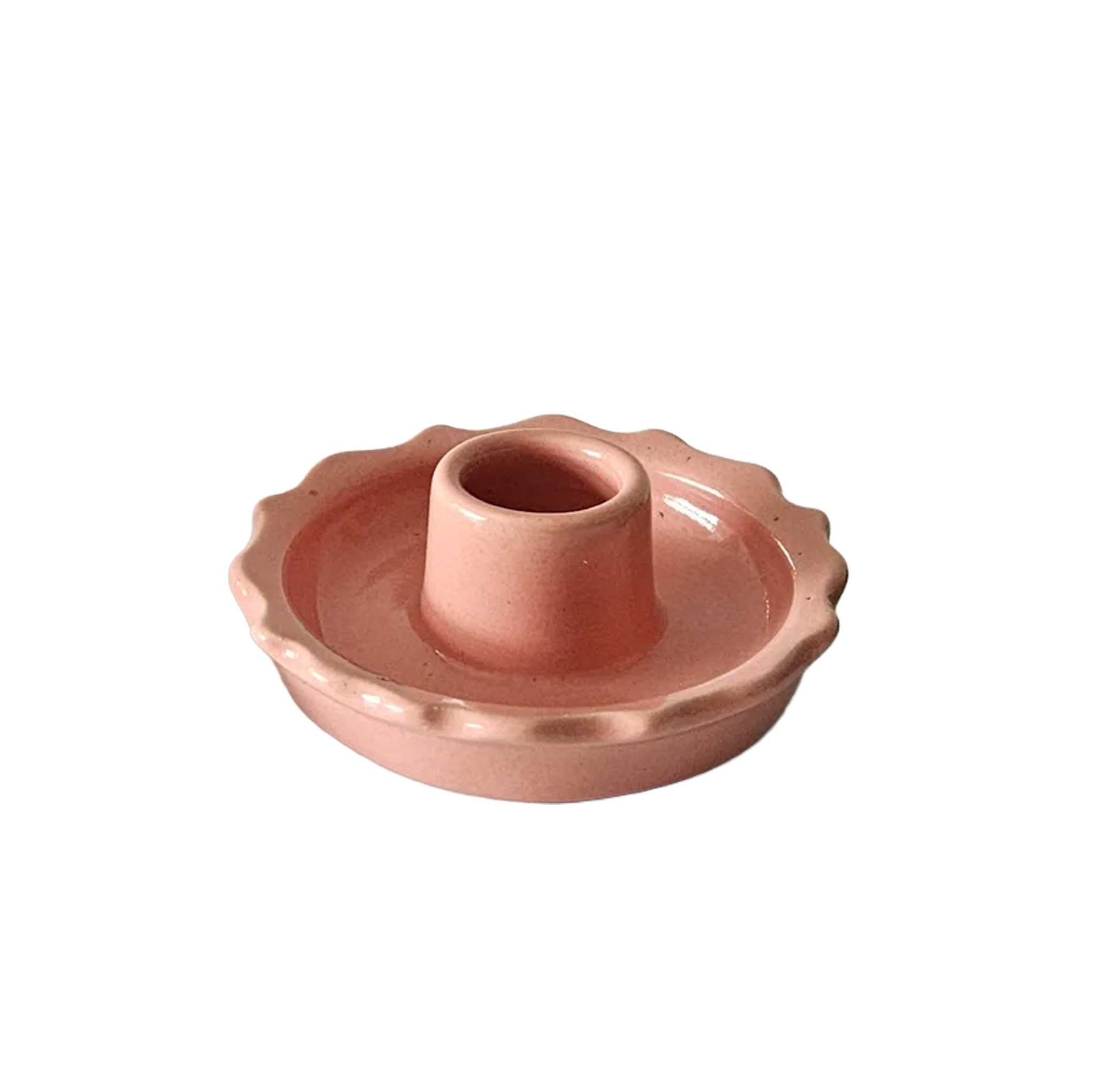 Handmade ceramic taper candle holder with glossy rosey pink glaze, scalloped rim, fits standard 7/8” taper candles.