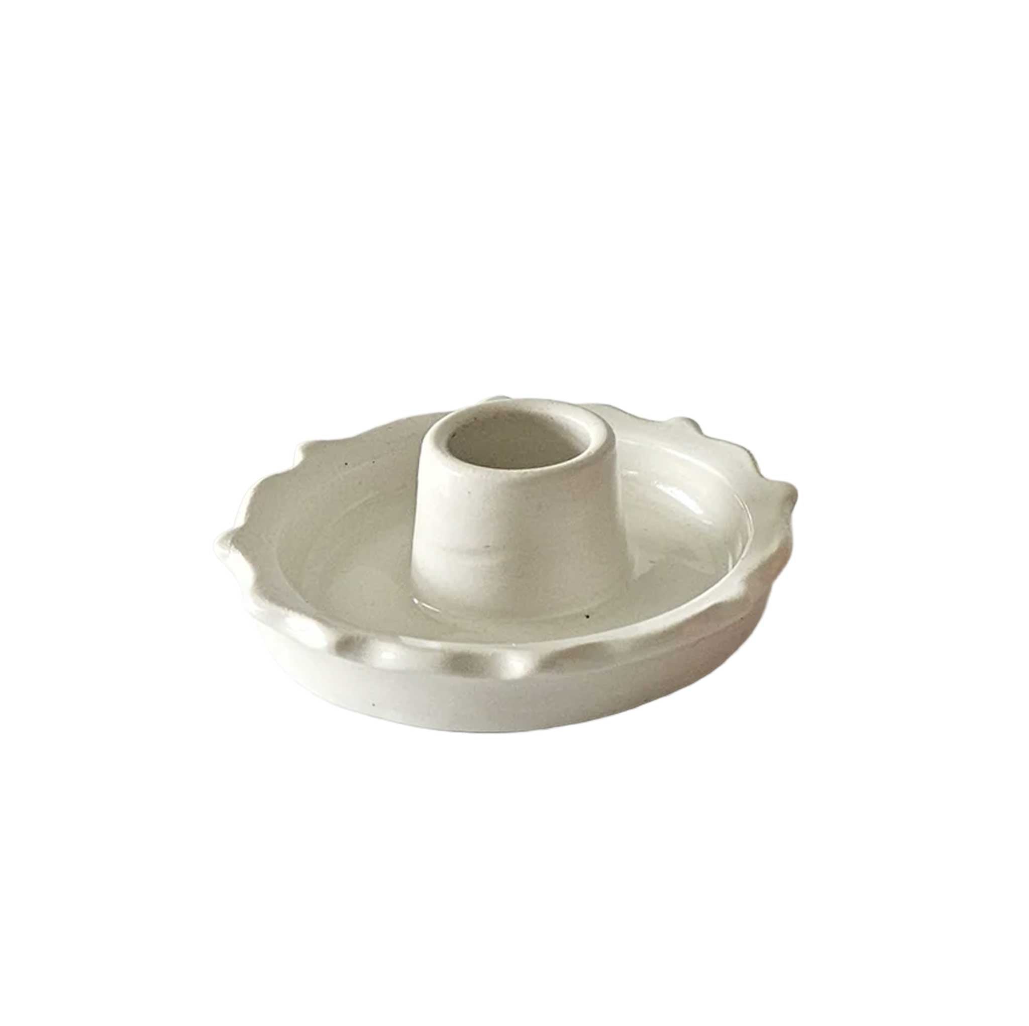 Handmade ceramic taper candle holder with glossy white glaze, scalloped rim, fits standard 7/8” taper candles.