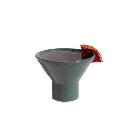 Handmade ceramic stemless martini glass in forest green, modern design for cocktails or stylish entertaining.