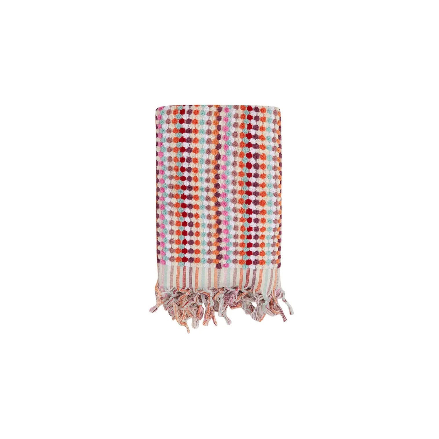 Different shades of pink Turkish cotton hand towel with pom pom fringe, perfect for kitchen or bath décor.