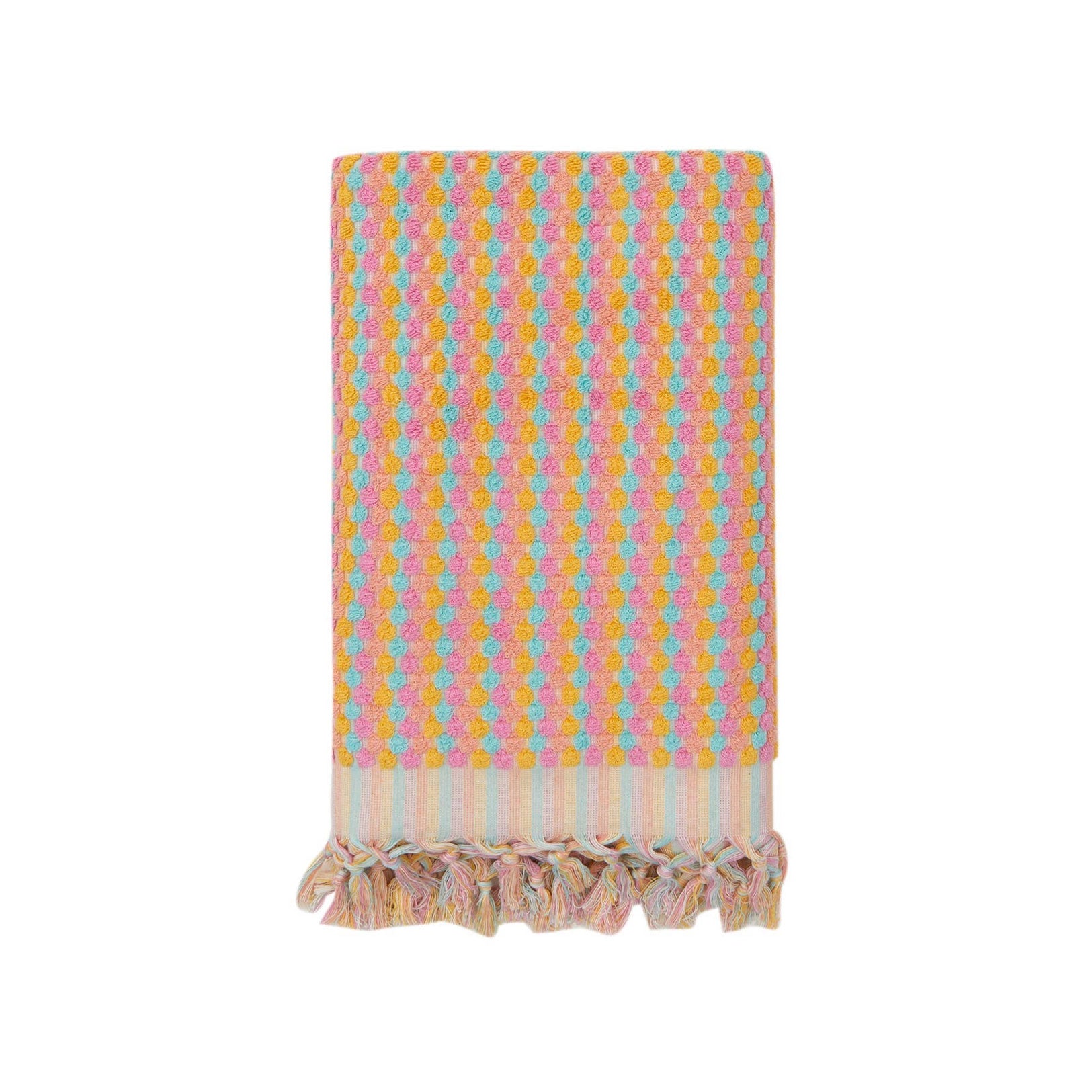 Pink and orange Turkish cotton bath towel with bubble pattern and fringe, lightweight, absorbent, perfect for a pool day or relaxing bath.