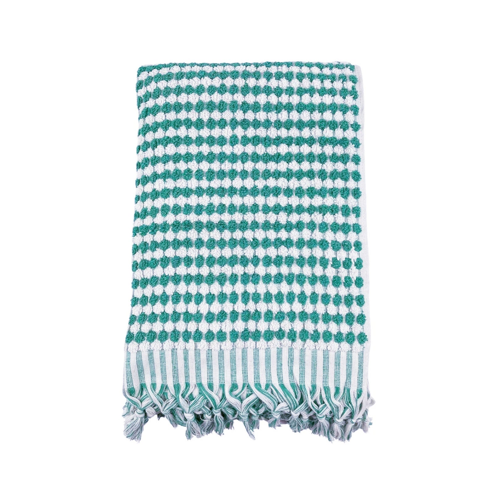 Green and white Turkish cotton bath towel with bubble pattern and fringe, lightweight, absorbent, perfect for after a cozy hot shower.