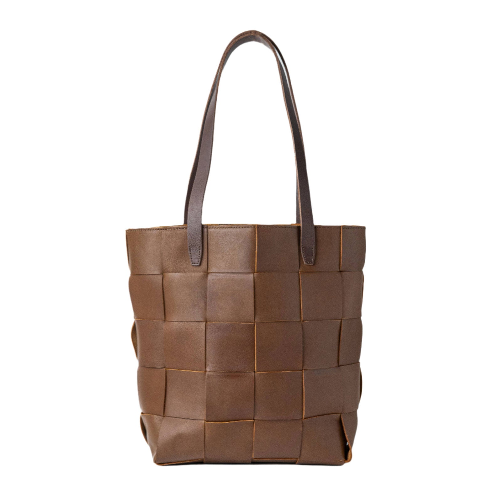 Woven leather tote bag in chocolate brown with sturdy handles, sophisticated spacious design for work, travel, or daily use.